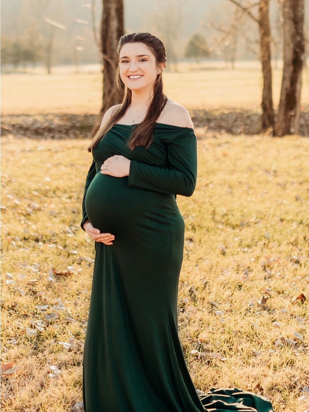 Off-Shoulder Maternity Maxi Dress in Deep Green